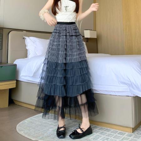 BY14844# 重工拼接印花网纱蛋糕裙半身裙女新款显瘦裙子长裙半裙伞裙四季款 服裝批發女裝批發服飾貨源