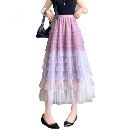 BY14844# 重工拼接印花网纱蛋糕裙半身裙女新款显瘦裙子长裙半裙伞裙四季款 服裝批發女裝批發服飾貨源