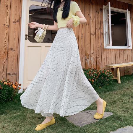 BY14845# 新款法式不规则超大摆波点百褶雪纺中长半身裙 服裝批發女裝批發服飾貨源