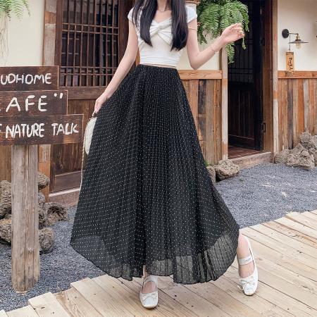 BY14845# 新款法式不规则超大摆波点百褶雪纺中长半身裙 服裝批發女裝批發服飾貨源