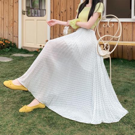 BY14845# 新款法式不规则超大摆波点百褶雪纺中长半身裙 服裝批發女裝批發服飾貨源