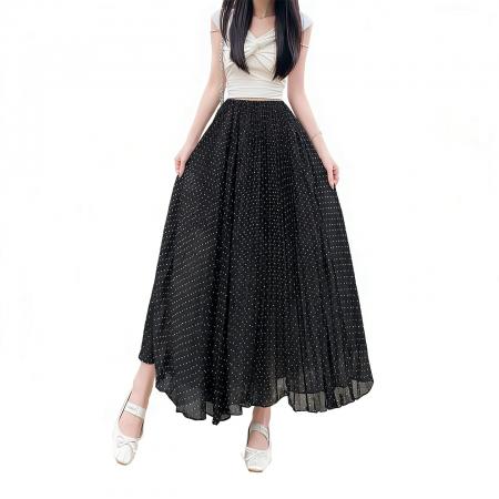 BY14845# 新款法式不规则超大摆波点百褶雪纺中长半身裙 服裝批發女裝批發服飾貨源