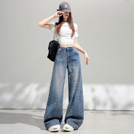 BY14846# 烫钻阔腿裤复古蓝细闪钻阔腿裤简约百搭长裤XS-XL 服裝批發女裝批發服飾貨源