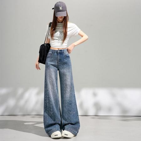 BY14846# 烫钻阔腿裤复古蓝细闪钻阔腿裤简约百搭长裤XS-XL 服裝批發女裝批發服飾貨源