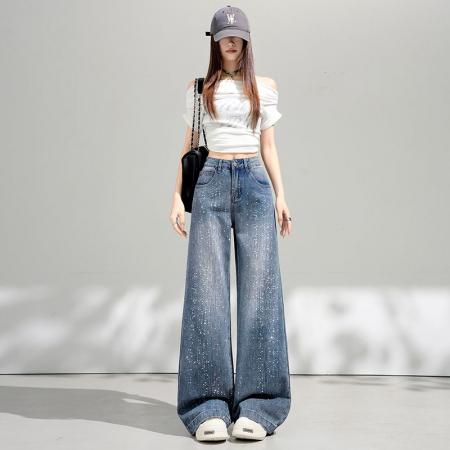 BY14846# 烫钻阔腿裤复古蓝细闪钻阔腿裤简约百搭长裤XS-XL 服裝批發女裝批發服飾貨源