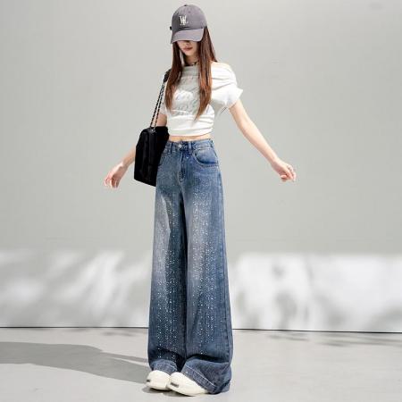 BY14846# 烫钻阔腿裤复古蓝细闪钻阔腿裤简约百搭长裤XS-XL 服裝批發女裝批發服飾貨源