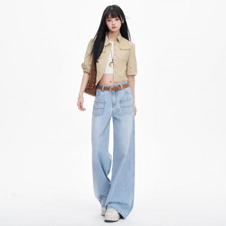BY14847# 浅蓝阔腿牛仔裤春季新款双口袋高腰宽松显瘦百搭拖地裤 服裝批發女裝批發服飾貨源
