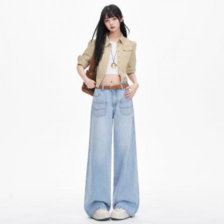 BY14847# 浅蓝阔腿牛仔裤春季新款双口袋高腰宽松显瘦百搭拖地裤 服裝批發女裝批發服飾貨源