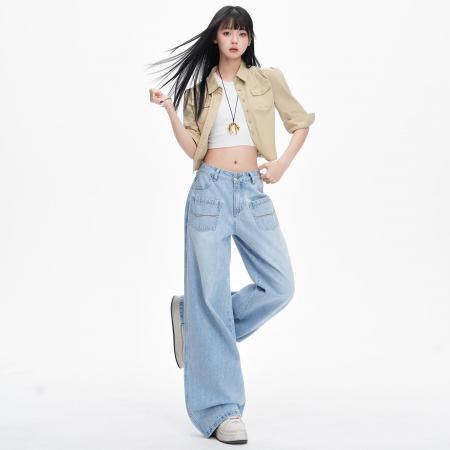 BY14847# 浅蓝阔腿牛仔裤春季新款双口袋高腰宽松显瘦百搭拖地裤 服裝批發女裝批發服飾貨源