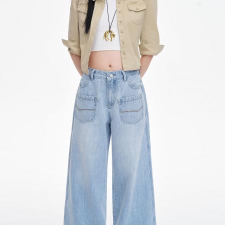 BY14847# 浅蓝阔腿牛仔裤春季新款双口袋高腰宽松显瘦百搭拖地裤 服裝批發女裝批發服飾貨源