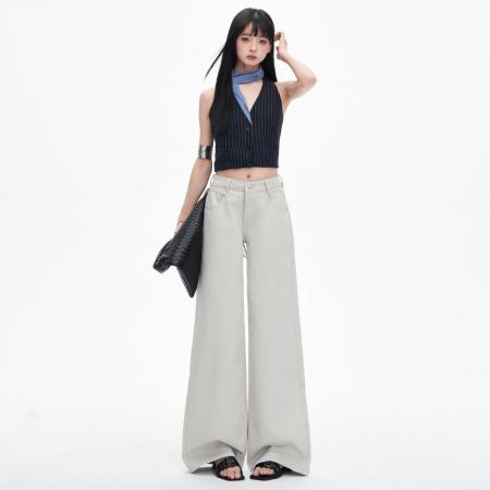 BY14848# 高街米灰色垂感阔腿牛仔裤春季新款中腰百搭宽松拖地裤 服裝批發女裝批發服飾貨源