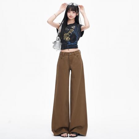 BY14848# 高街米灰色垂感阔腿牛仔裤春季新款中腰百搭宽松拖地裤 服裝批發女裝批發服飾貨源