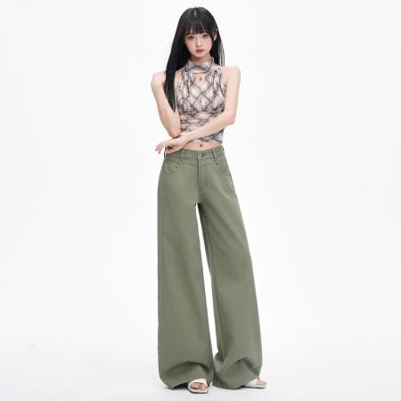 BY14848# 高街米灰色垂感阔腿牛仔裤春季新款中腰百搭宽松拖地裤 服裝批發女裝批發服飾貨源