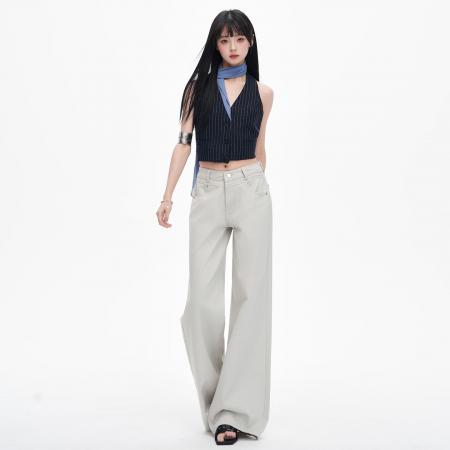 BY14848# 高街米灰色垂感阔腿牛仔裤春季新款中腰百搭宽松拖地裤 服裝批發女裝批發服飾貨源