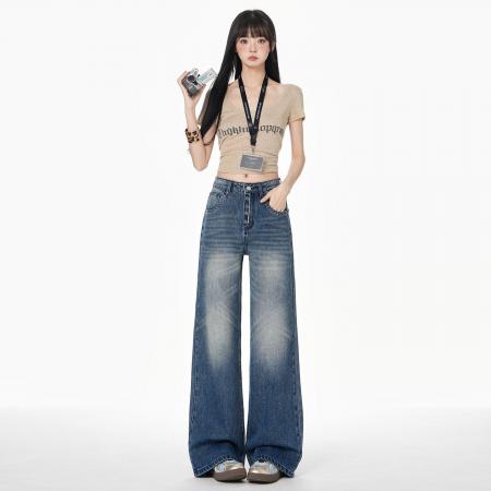 BY14849# 美式复古水洗多排扣牛仔裤女春季百搭休闲宽松直筒裤子 服裝批發女裝批發服飾貨源