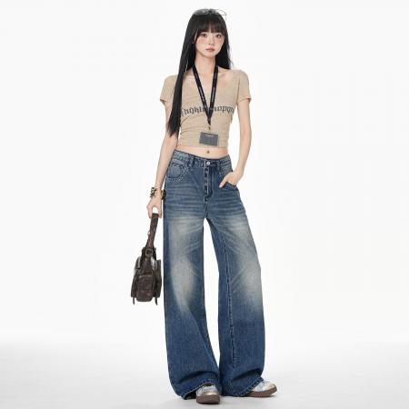 BY14849# 美式复古水洗多排扣牛仔裤女春季百搭休闲宽松直筒裤子 服裝批發女裝批發服飾貨源