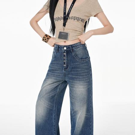 BY14849# 美式复古水洗多排扣牛仔裤女春季百搭休闲宽松直筒裤子 服裝批發女裝批發服飾貨源