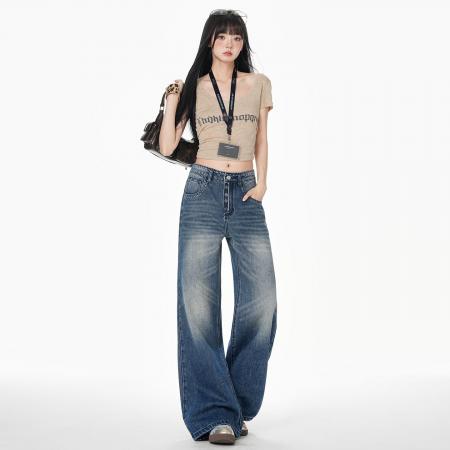 BY14849# 美式复古水洗多排扣牛仔裤女春季百搭休闲宽松直筒裤子 服裝批發女裝批發服飾貨源