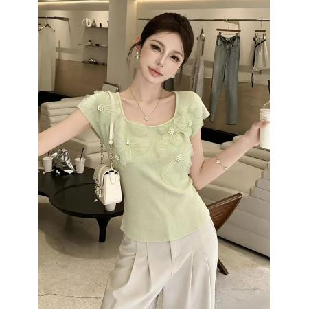 BY14851# 甜美重工立体花朵短袖针织衫女夏季新款超好看小上衣chic 服裝批發女裝批發服飾貨源