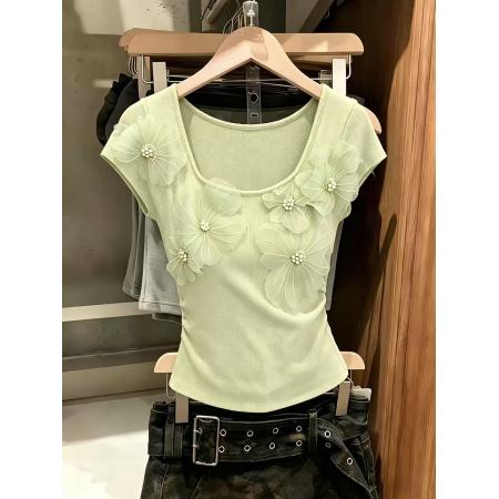 BY14851# 甜美重工立体花朵短袖针织衫女夏季新款超好看小上衣chic 服裝批發女裝批發服飾貨源
