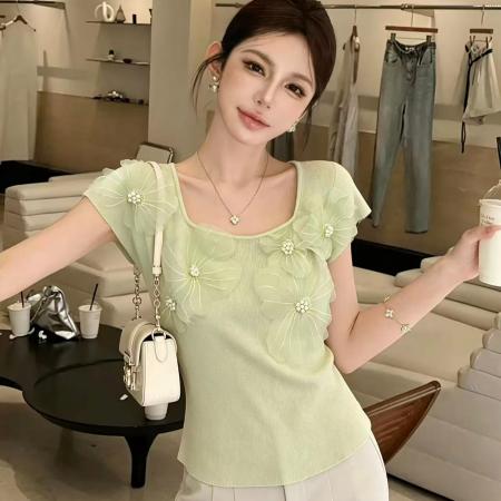 BY14851# 甜美重工立体花朵短袖针织衫女夏季新款超好看小上衣chic 服裝批發女裝批發服飾貨源