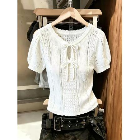 BY14852# 法式针织衫甜美风蝴蝶结系带泡泡袖T恤温柔上衣chic 服裝批發女裝批發服飾貨源