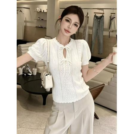 BY14852# 法式针织衫甜美风蝴蝶结系带泡泡袖T恤温柔上衣chic 服裝批發女裝批發服飾貨源