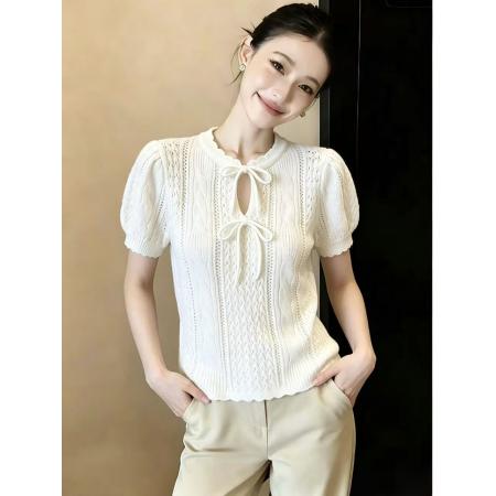 BY14852# 法式针织衫甜美风蝴蝶结系带泡泡袖T恤温柔上衣chic 服裝批發女裝批發服飾貨源