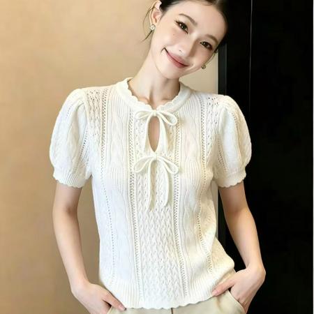 BY14852# 法式针织衫甜美风蝴蝶结系带泡泡袖T恤温柔上衣chic 服裝批發女裝批發服飾貨源
