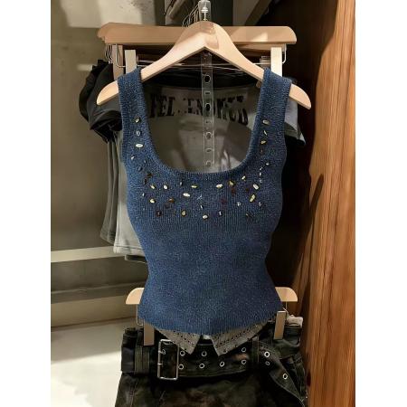 BY14853# 重工超糯背心中古手工钉珠雪尼尔女新款绝美百搭上衣chic 服裝批發女裝批發服飾貨源