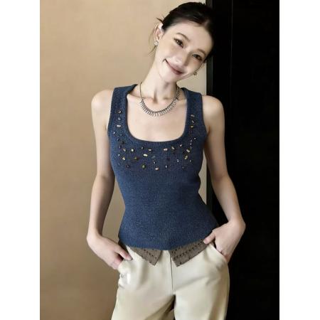 BY14853# 重工超糯背心中古手工钉珠雪尼尔女新款绝美百搭上衣chic 服裝批發女裝批發服飾貨源