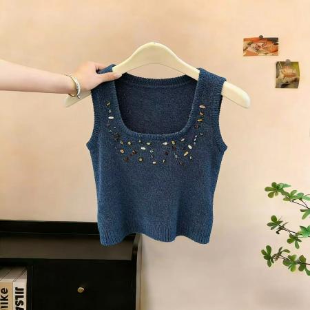 BY14853# 重工超糯背心中古手工钉珠雪尼尔女新款绝美百搭上衣chic 服裝批發女裝批發服飾貨源