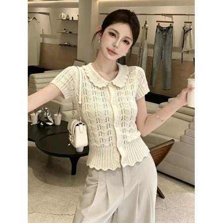 BY14854# 夏季新款小众设计感镂空针织开衫短袖娃娃领收腰气质上衣chic 服裝批發女裝批發服飾貨源