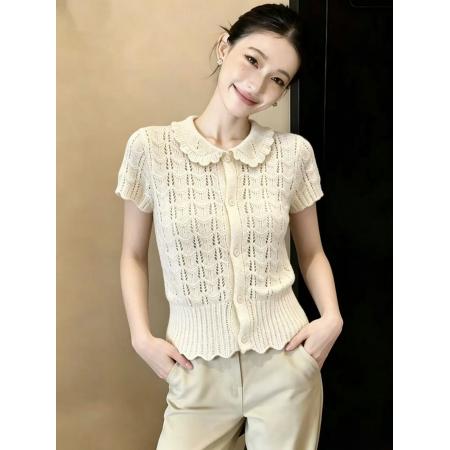 BY14854# 夏季新款小众设计感镂空针织开衫短袖娃娃领收腰气质上衣chic 服裝批發女裝批發服飾貨源