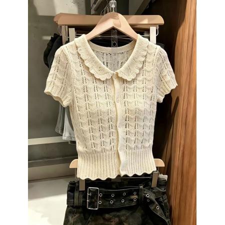 BY14854# 夏季新款小众设计感镂空针织开衫短袖娃娃领收腰气质上衣chic 服裝批發女裝批發服飾貨源