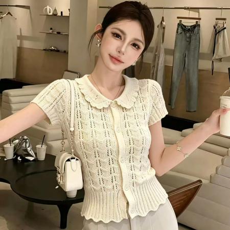 BY14854# 夏季新款小众设计感镂空针织开衫短袖娃娃领收腰气质上衣chic 服裝批發女裝批發服飾貨源