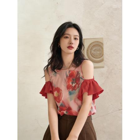 BY14856# 新中式夏小众法式轻熟别致绝美上衣轻奢高级感红色印花挖肩衬衫女 服裝批發女裝批發服飾貨源