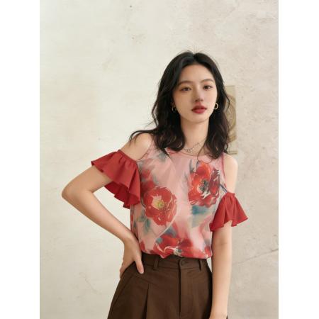 BY14856# 新中式夏小众法式轻熟别致绝美上衣轻奢高级感红色印花挖肩衬衫女 服裝批發女裝批發服飾貨源
