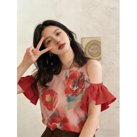 BY14856# 新中式夏小众法式轻熟别致绝美上衣轻奢高级感红色印花挖肩衬衫女 服裝批發女裝批發服飾貨源