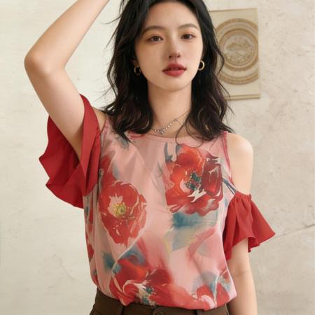 BY14856# 新中式夏小众法式轻熟别致绝美上衣轻奢高级感红色印花挖肩衬衫女 服裝批發女裝批發服飾貨源