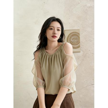BY14857# 夏季新款淑女气质上衣挖肩设计高级感绿色七分袖新中式衬衫女 服裝批發女裝批發服飾貨源