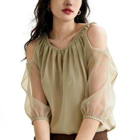 BY14857# 夏季新款淑女气质上衣挖肩设计高级感绿色七分袖新中式衬衫女 服裝批發女裝批發服飾貨源