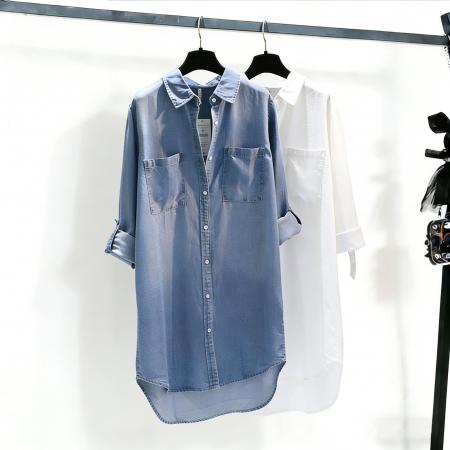 BY14858# 中长款牛仔衬衣裙女春秋季新款双口袋卷袖薄款宽松衬衫上衣 服裝批發女裝批發服飾貨源