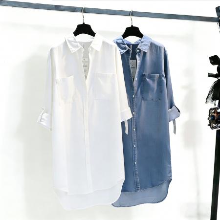 BY14858# 中长款牛仔衬衣裙女春秋季新款双口袋卷袖薄款宽松衬衫上衣 服裝批發女裝批發服飾貨源