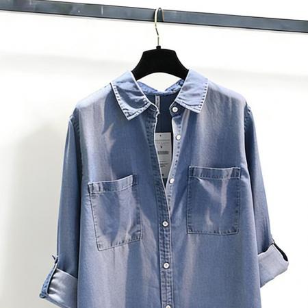 BY14858# 中长款牛仔衬衣裙女春秋季新款双口袋卷袖薄款宽松衬衫上衣 服裝批發女裝批發服飾貨源