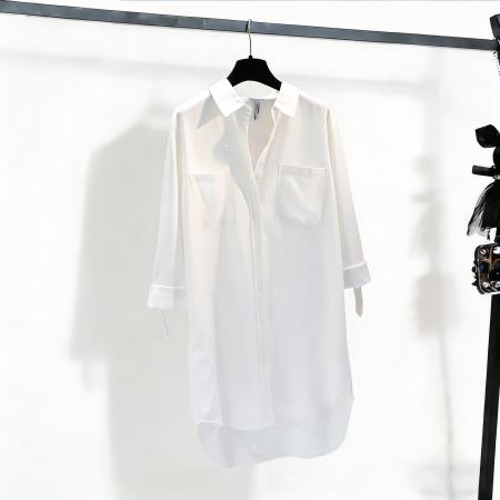 BY14858# 中长款牛仔衬衣裙女春秋季新款双口袋卷袖薄款宽松衬衫上衣 服裝批發女裝批發服飾貨源