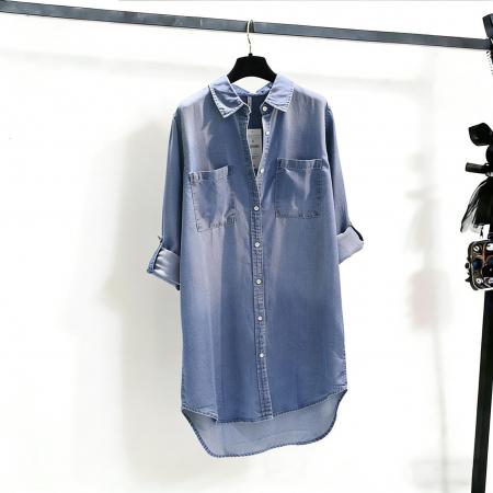BY14858# 中长款牛仔衬衣裙女春秋季新款双口袋卷袖薄款宽松衬衫上衣 服裝批發女裝批發服飾貨源