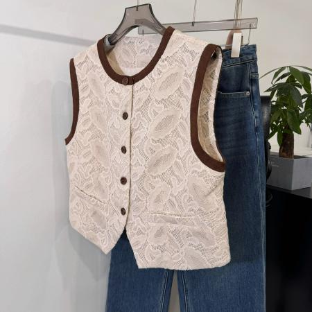 BY14859# 韩系刺绣马蕾丝拼色圆领无袖马甲女新款春秋坎肩外套上衣百搭 服裝批發女裝批發服飾貨源