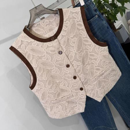 BY14859# 韩系刺绣马蕾丝拼色圆领无袖马甲女新款春秋坎肩外套上衣百搭 服裝批發女裝批發服飾貨源