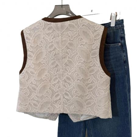 BY14859# 韩系刺绣马蕾丝拼色圆领无袖马甲女新款春秋坎肩外套上衣百搭 服裝批發女裝批發服飾貨源